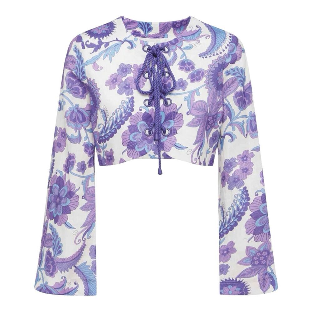BEULAH STYLE KC6092 PURPLE WHITE PRINT BELL SLEEVES FRONT TIE  BLOUSE TOP SZ‎  L